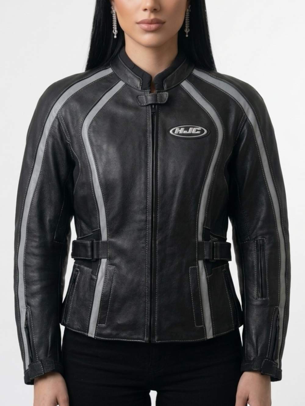 HJC • Women’s 6/8 Leather Armored Motorcycle Jacket Black Silver Moto